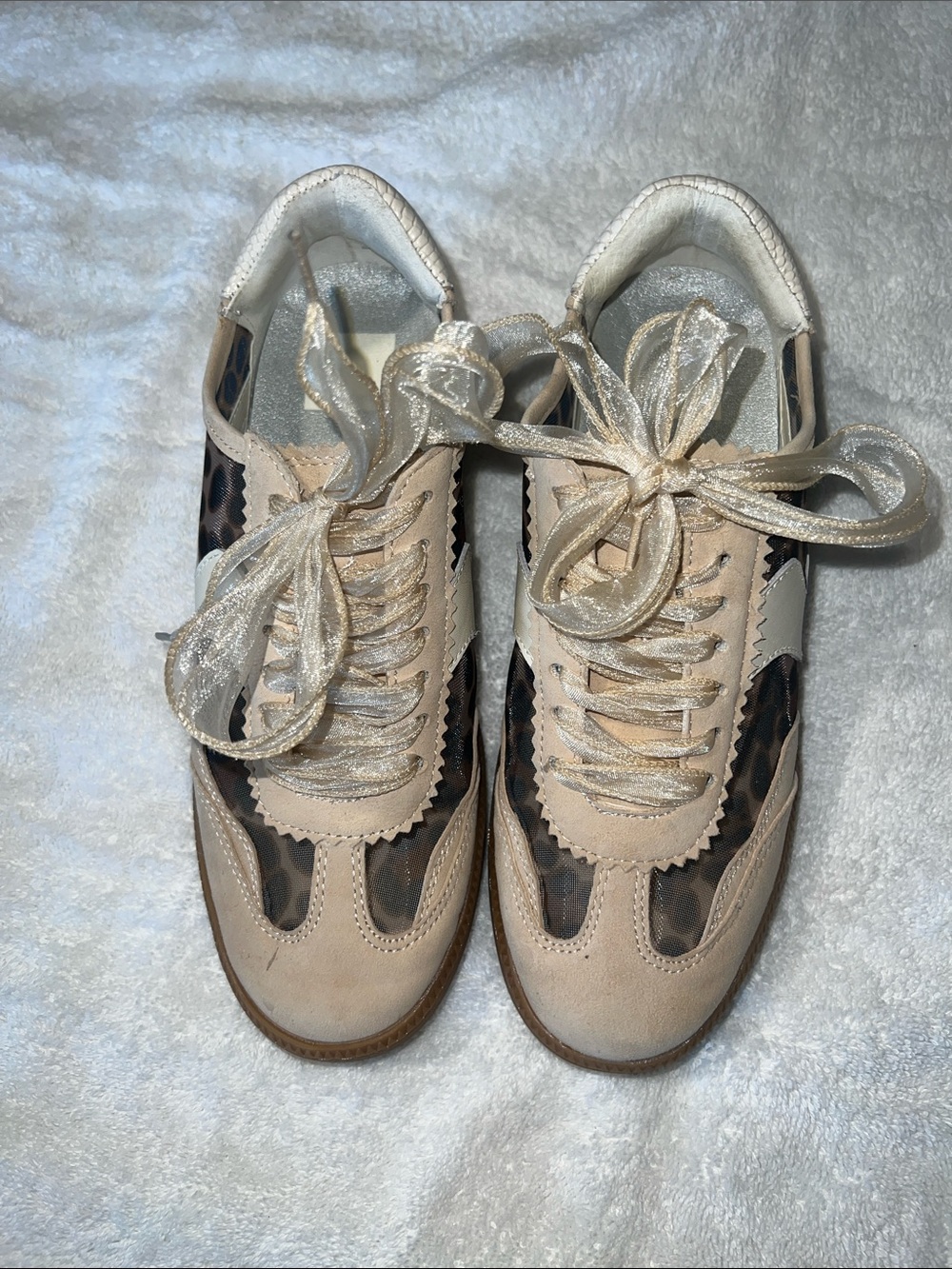 Dolce Vita Beige and Leopard Accent Ribbon Lace Sneakers